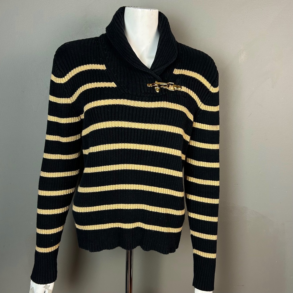 VTG Lauren Ralph Lauren Shawl Equestrian Sweater P L Striped Coastal Preppy